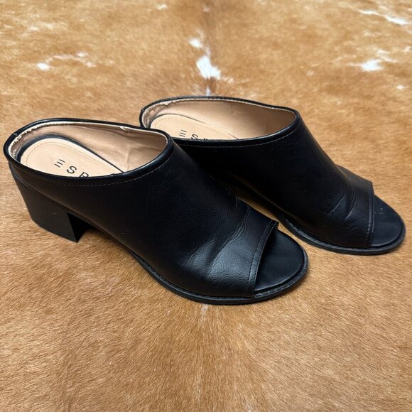 Esprit Black Peep Toe Mules Size 8M Chunky Block Heel Slide Sandals Faux Leather - Picture 4 of 7